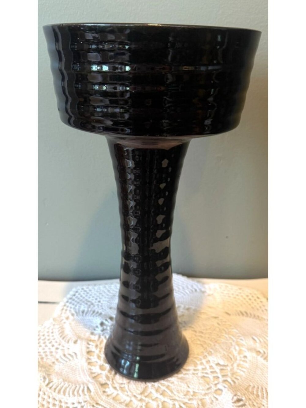 Studio Pottery Pedestal Bowl Black Amber Green Glaze 11.5 Inch Art Pottery